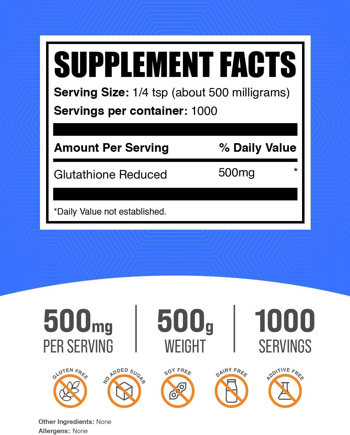 BulkSupplements.com Glutathione Reduced Powder - Glutathione Supplement, Reduced Glutathione Powder - Glutathione 500mg, Gluten Free, 500mg per Serving, 500g (1.1 lbs) (Pack of 1)