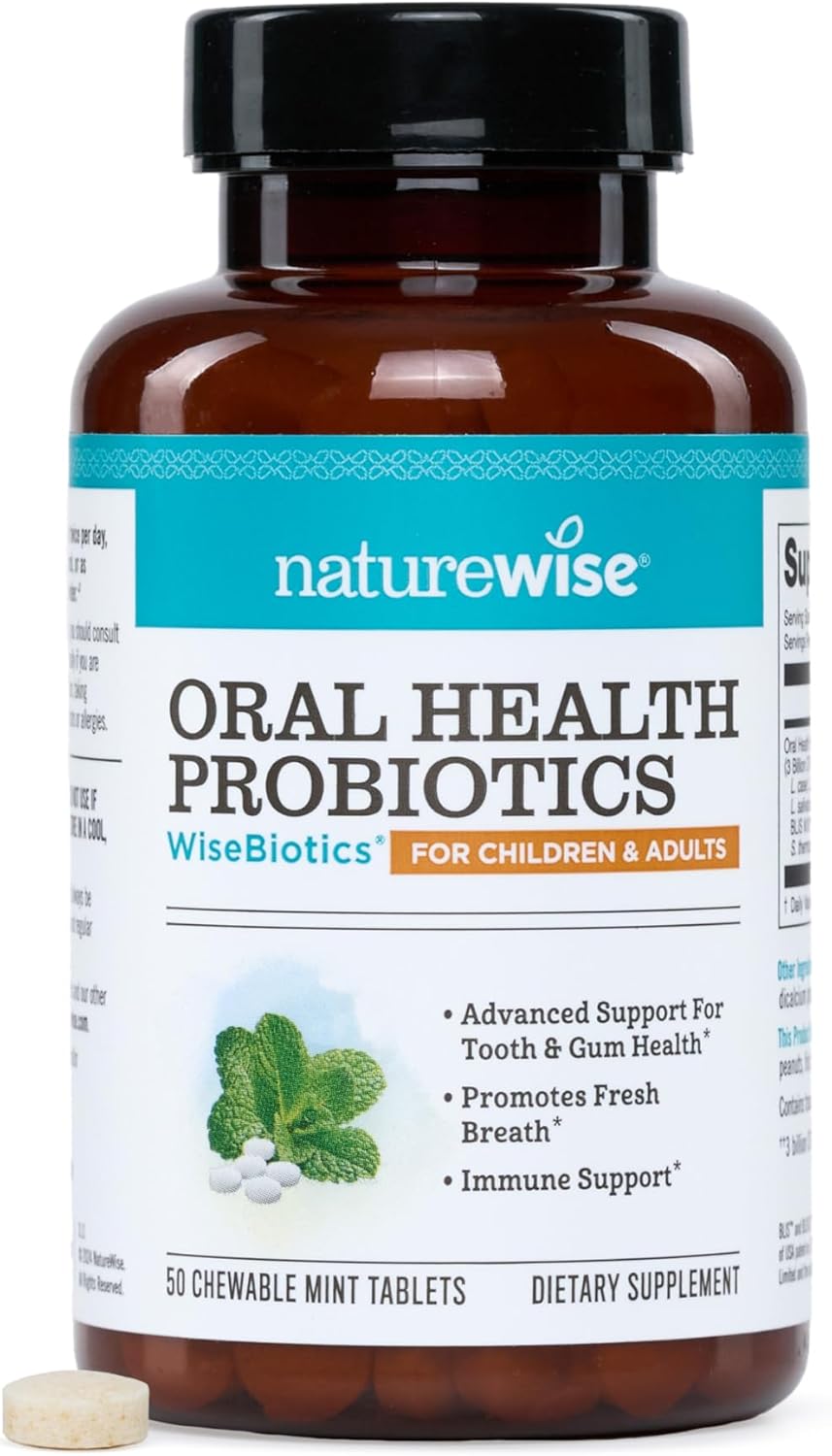NatureWise Oral Probiotics for Mouth Bad Breath - Chewable Sugar-Free Mint - Lactobacillus reuteri Chewable - Oral Probiotics For Kids & Adults - Non-GMO USA Manufactured - 50 Count[50-Day Supply]