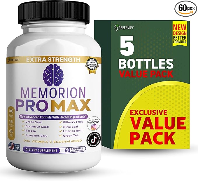 Memorion Pro Max Extra Strength Brain Support Supplement, 60 Capsules, with DHA, Vitamins, Herbal Blend, 30-Day Supply (5)