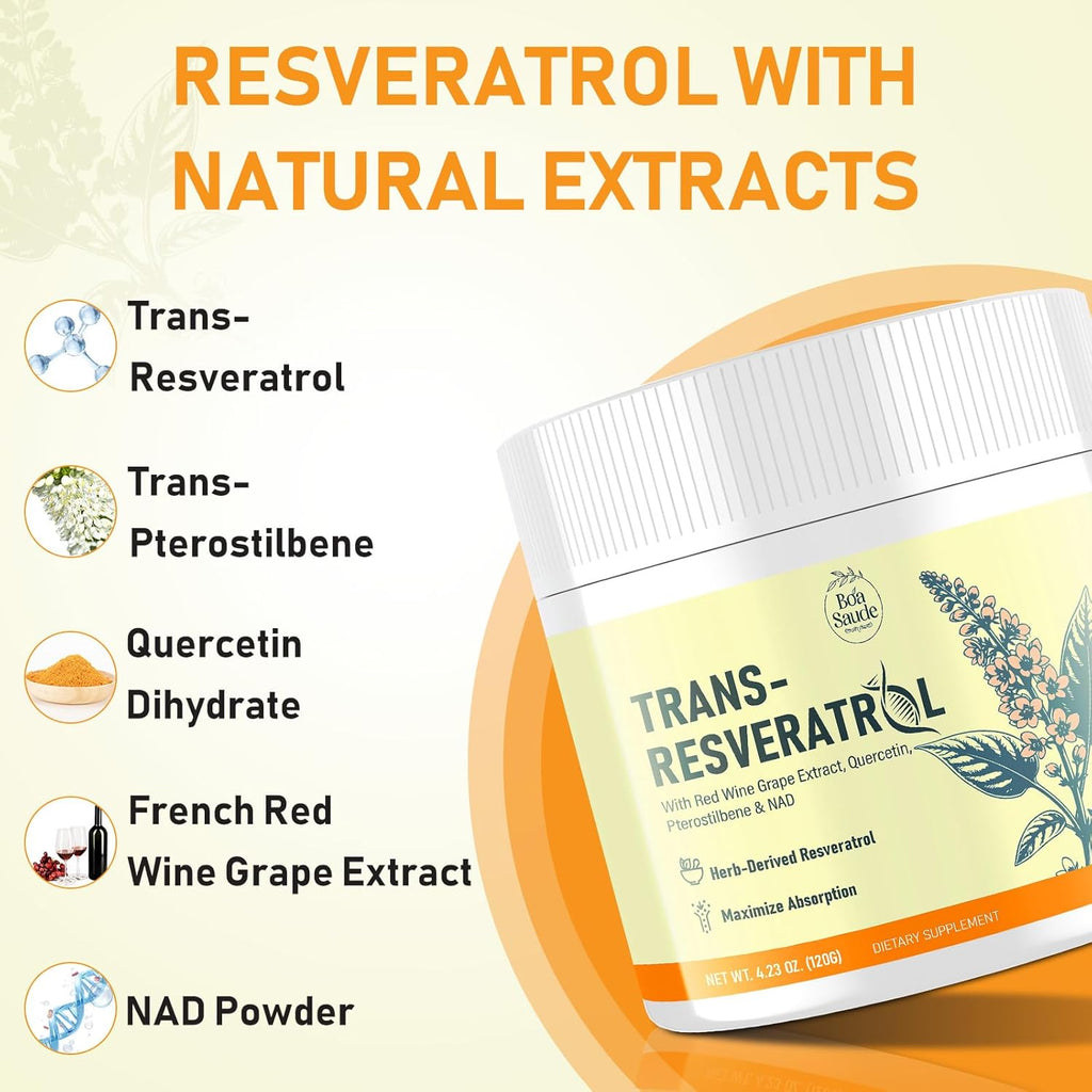 Trans-Resveratrol Powder Supplement with Red Wine Extract, Quercetin, Pterostilbene & NAD, 4.23 OZ, 30-Day Supply
