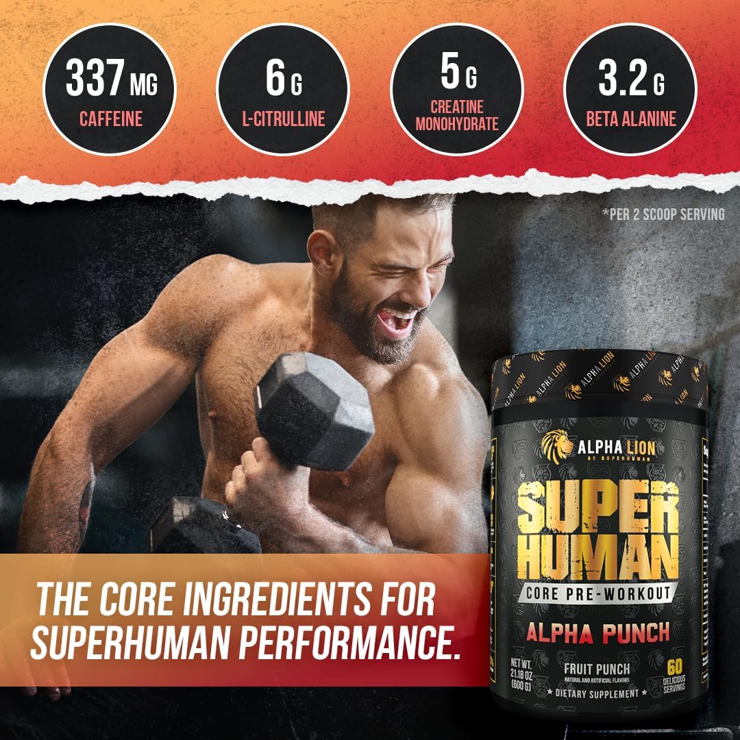 ALPHA LION Core Pre Workout Powder with Creatine for Performance, Beta Alanine for Muscle, L-Citrulline for Pump & Tri-Source Caffeine for Sustained Energy (60 Servings, Alpha Punch Flavor)
