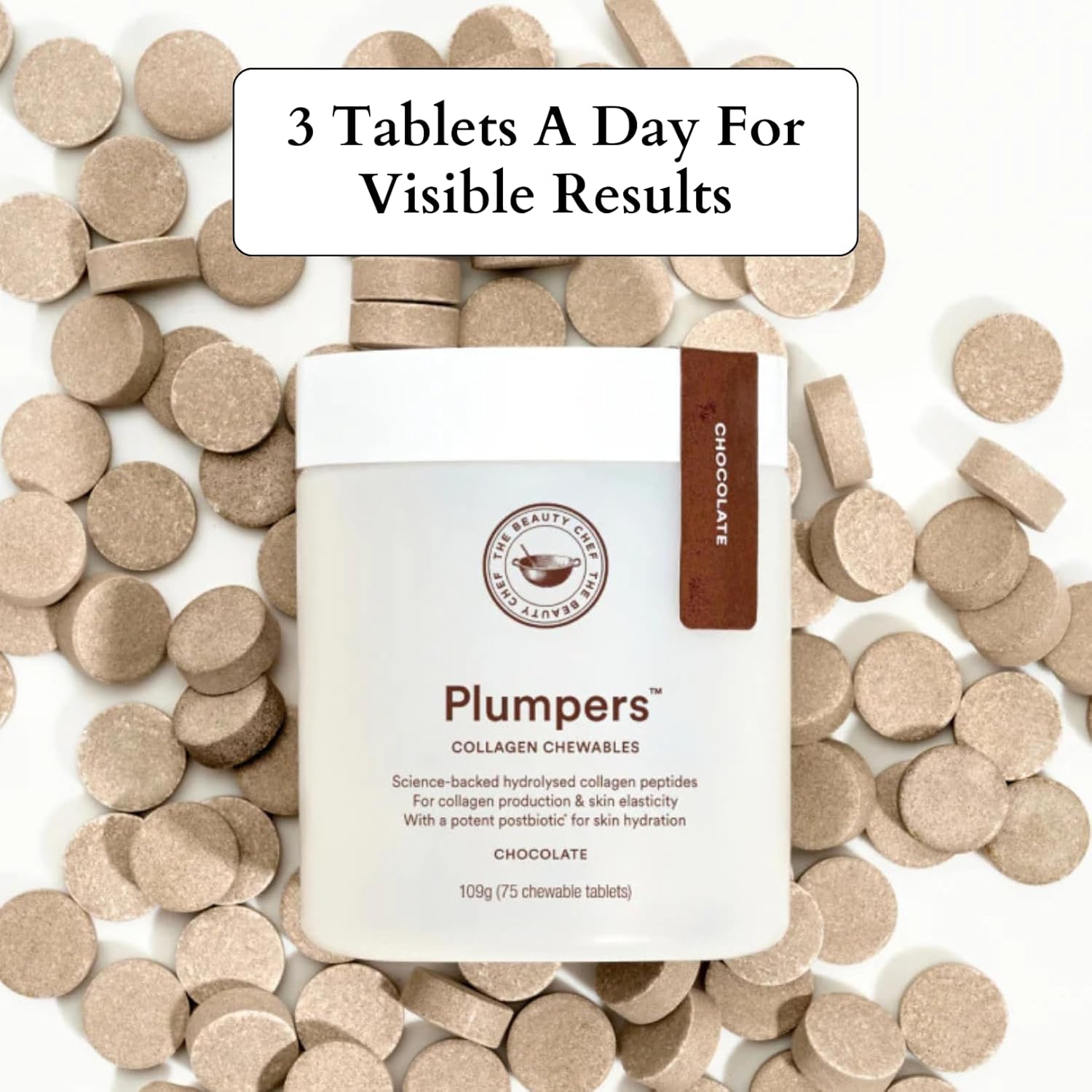 The Beauty Chef Plumpers™ Collagen Chewable Tablets with Hyaluronic Acid & Postbiotic, Supports Skin Elasticity & Collagen, Women's Multivitamin, Collagen Peptides, 75 Tablets (Chocolate)