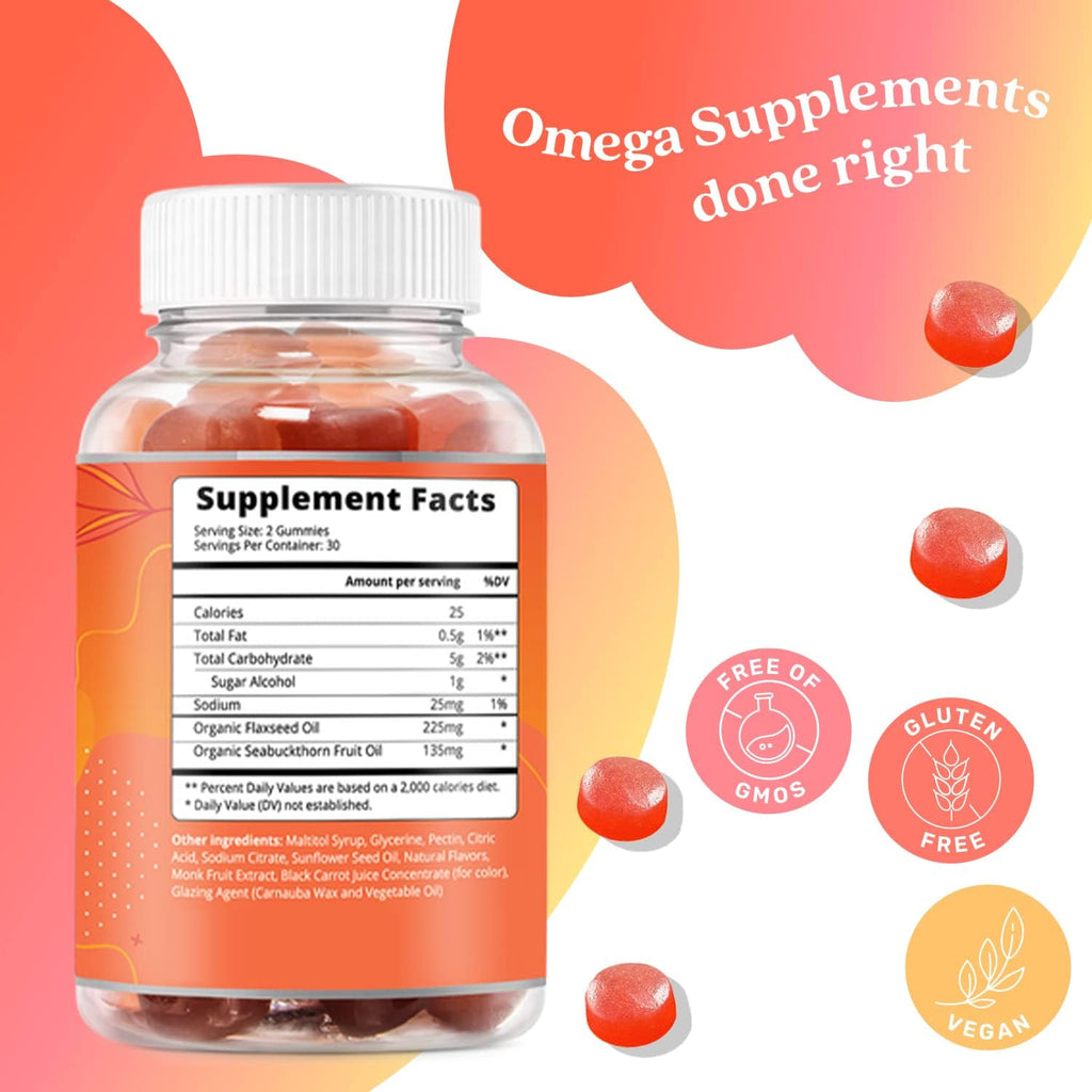 BeLive Organic Omega 3 Gummies - Omega 3 6 9 7 DHA & EPA from Flaxseed Oil & Sea Buckthorn Fruit Oil, Vegan, for Kids & Adults, Full Body, Brain & Eye Support, Sugar Free – Peach | 3-Pack