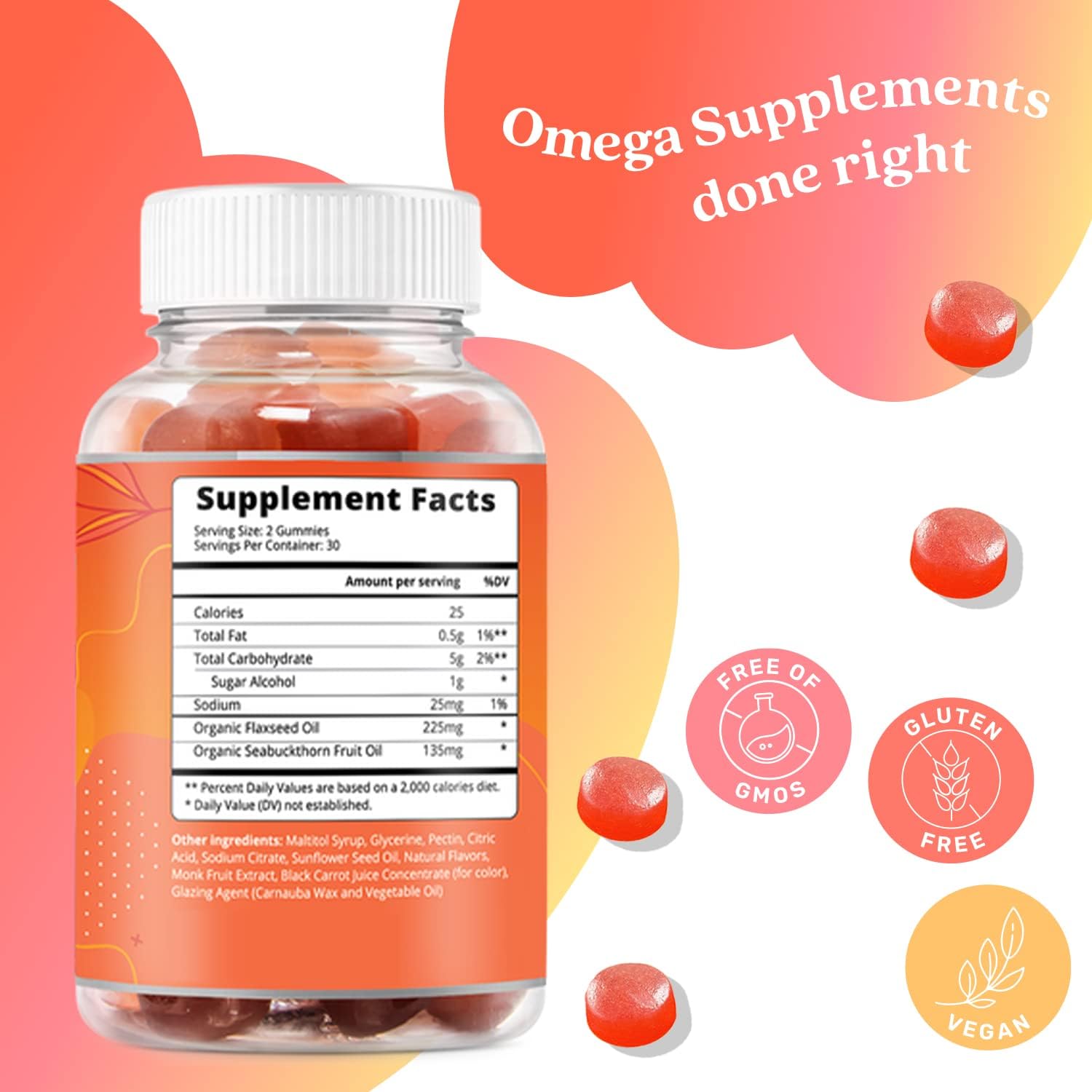 BeLive Organic Omega 3 Gummies - Omega 3 6 9 7 DHA & EPA from Flaxseed Oil & Sea Buckthorn Fruit Oil, Vegan, for Kids & Adults, Full Body, Brain & Eye Support, Sugar Free – Peach | 2-Pack