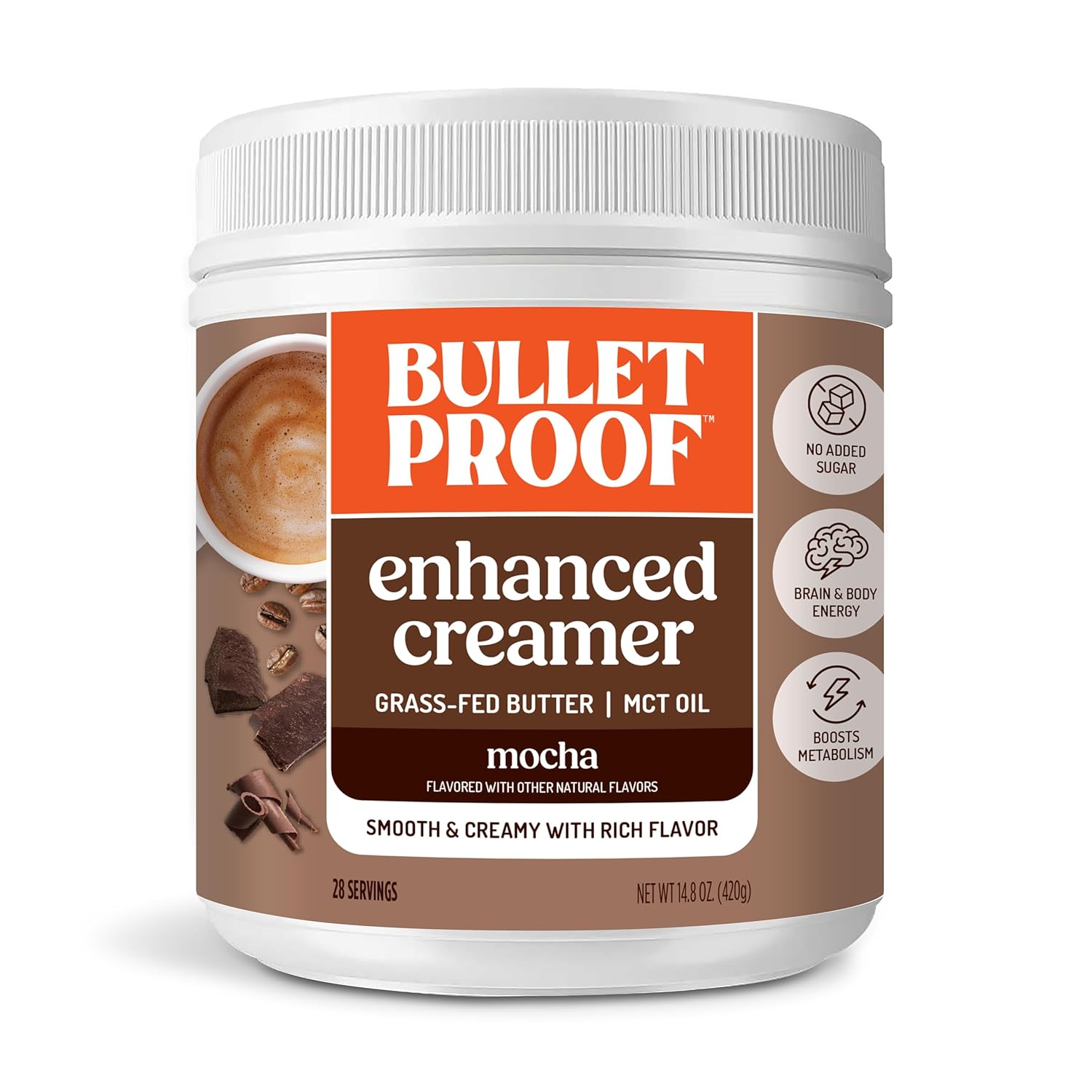 Bulletproof Mocha Creamer, 14.8 Ounces, Keto Coffee Creamer with MCT Oil, Grass-Fed Butter, and Real Cocoa, Supports Brain Function, Packaging May Vary