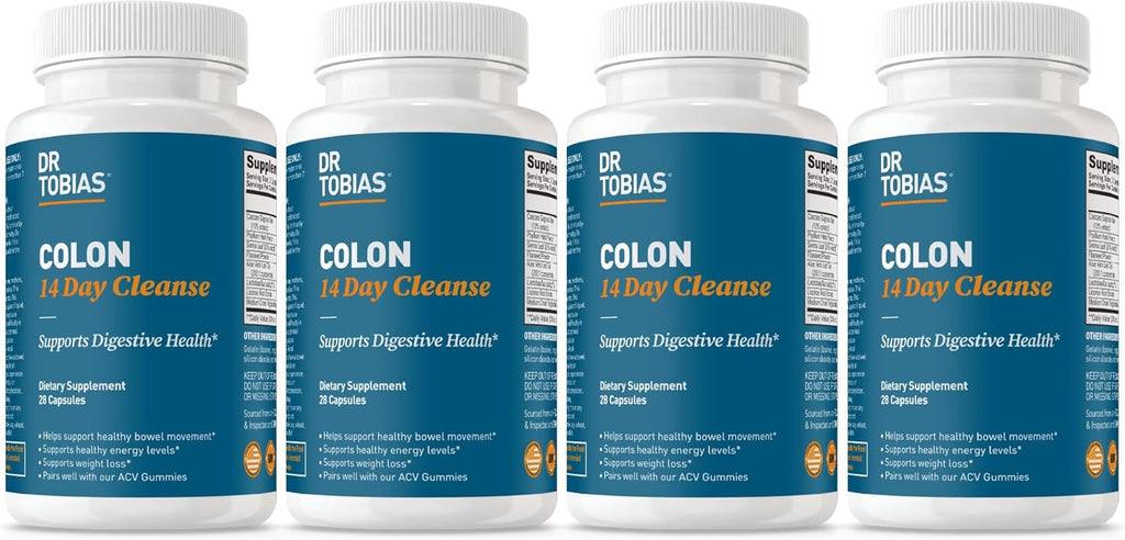 Dr. Tobias Colon 14 Day Cleanse, Advanced Gut Cleanse Detox for Women & Men with Cascara Sagrada, Psyllium Husk, Senna Leaf & Probiotics, Non-GMO Colon Cleanse, 4 Bottles of 28 Capsules (1-2 Daily)