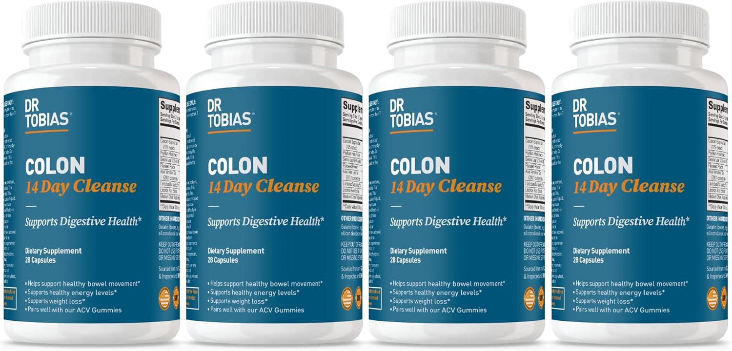 Dr. Tobias Colon 14 Day Cleanse, Advanced Gut Cleanse Detox for Women & Men with Cascara Sagrada, Psyllium Husk, Senna Leaf & Probiotics, Non-GMO Colon Cleanse, 4 Bottles of 28 Capsules (1-2 Daily)
