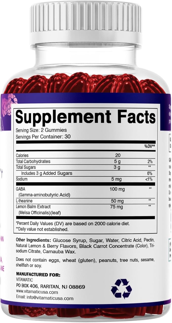 Vitamatic Stress Relief Gummies with GABA, L-Theanine, Lemon Balm – Lemon & Mixed Berry Flavor – 60 Gummies – Vegan, Non-GMO, Gluten-Free