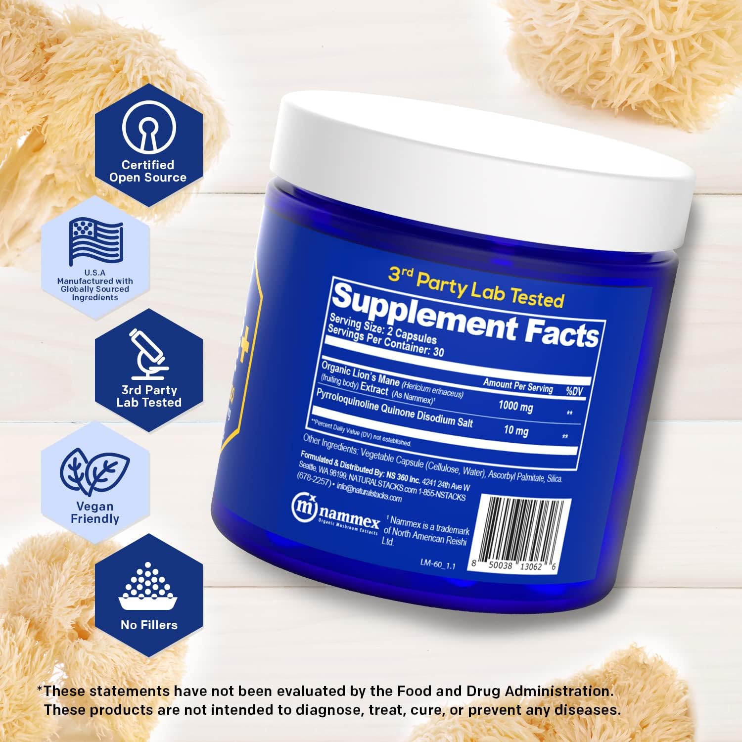 Organic Lions Mane Supplement Capsules - 1000mg Lions Mane Mushroom with 10mg PQQ - Brain Cell Optimizer for Memory, Learning, Mitochondrial Function - 60 Fruiting Body Mushroom Capsules
