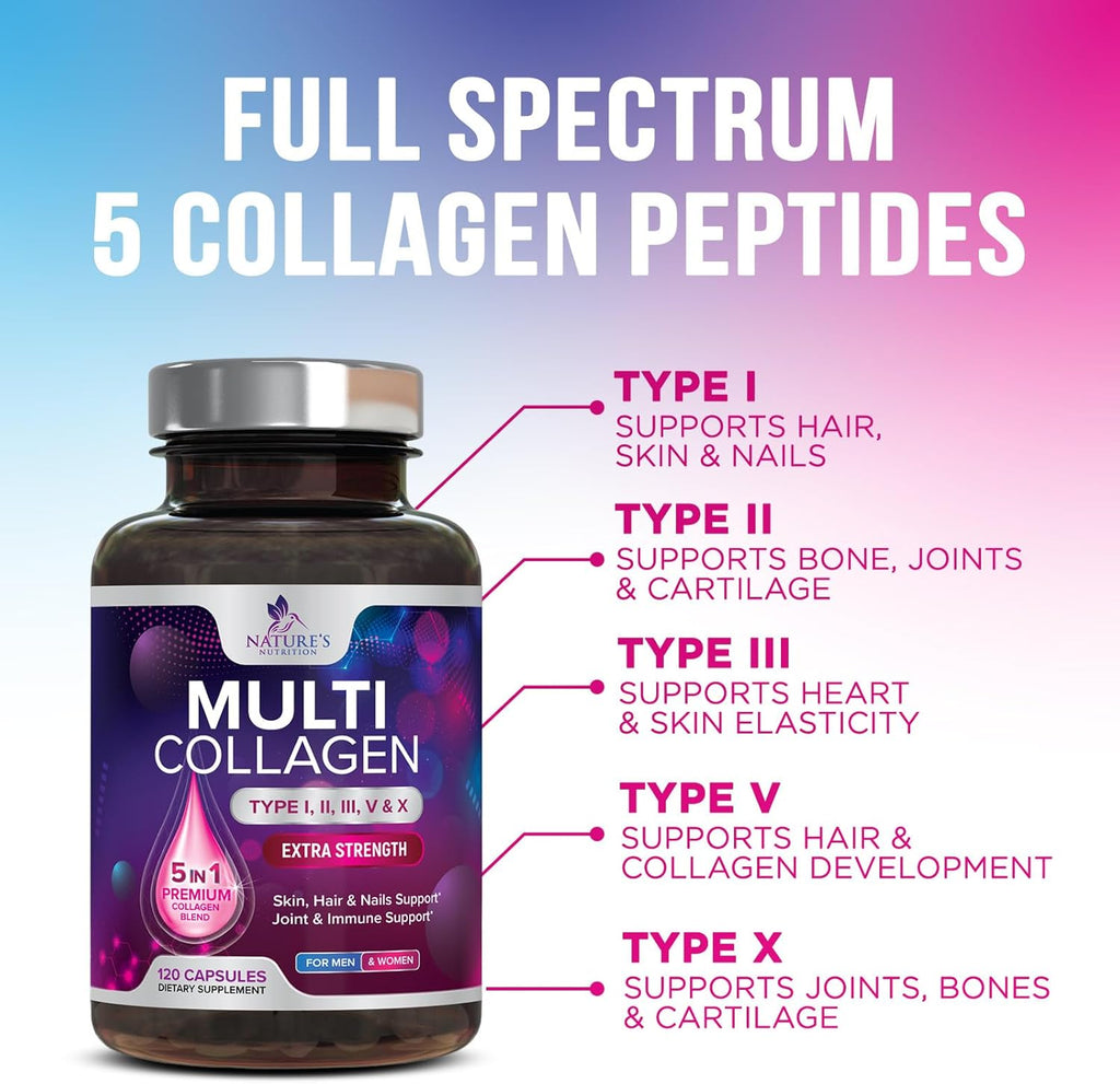 Multi Collagen Supplement 2400 mg - Types I, II, III, V & X Multi Collagen Peptides Pills for Women & Men, Hydrolyzed Collagen Supplements, Hair, Skin, Nail, & Joint Support Supplement - 120 Capsules