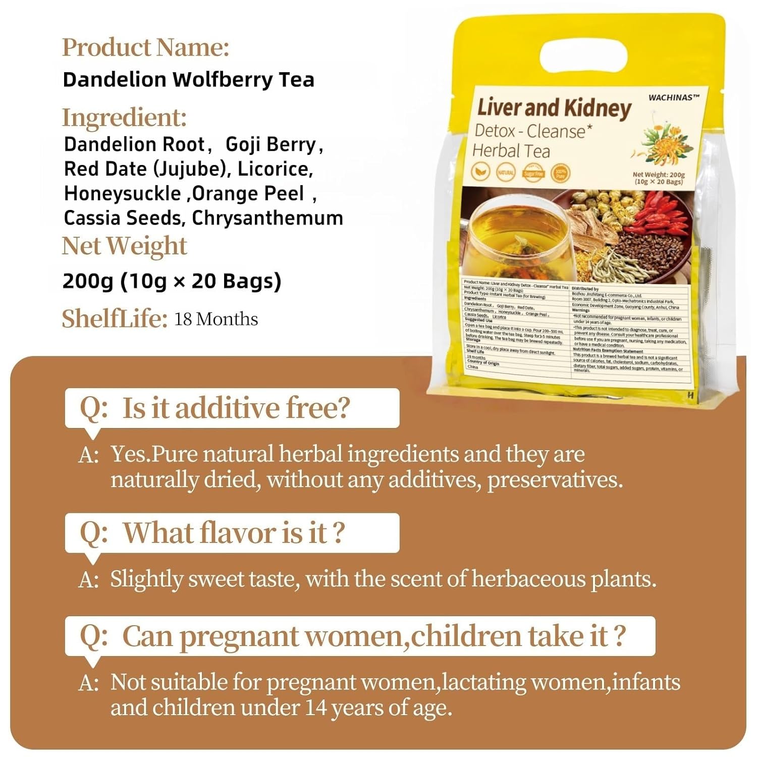 Premium Kidney and Liver Detox Tea - 8 Herbal Blend with Dandelion, Goji Berry, Jujube, Licorice Root & Chrysanthemum - Caffeine & Sugar Free - 20 Individually Wrapped Pyramid Tea Large Bags (200g)