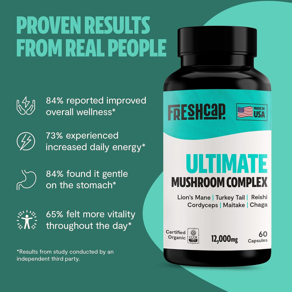 FreshCap Mushrooms Ultimate Mushroom Supplement 12,000mg - Nootropic Mushroom Complex Capsules, Organic Mushrooms Supplement, Nootropic Brain Supplements for Memory and Focus Ayurveda (60 Capsules)