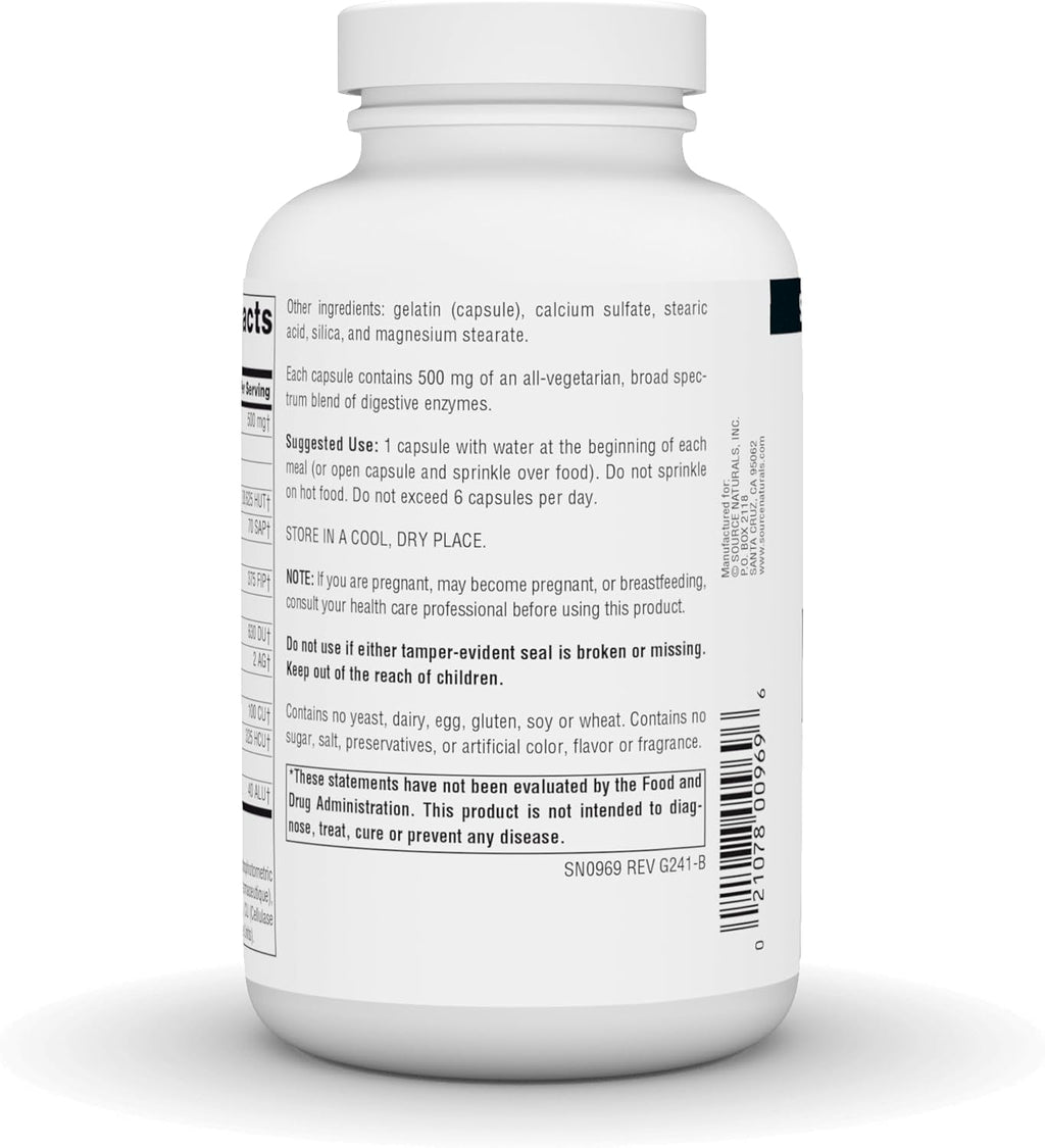 Source Naturals Essential Enzymes 500mg Bio-Aligned Multiple Enzyme Supplement Herbal Defense for Digestion, Gas, Constipation & Bloating Relief - Supports Immune System - 240 Capsules