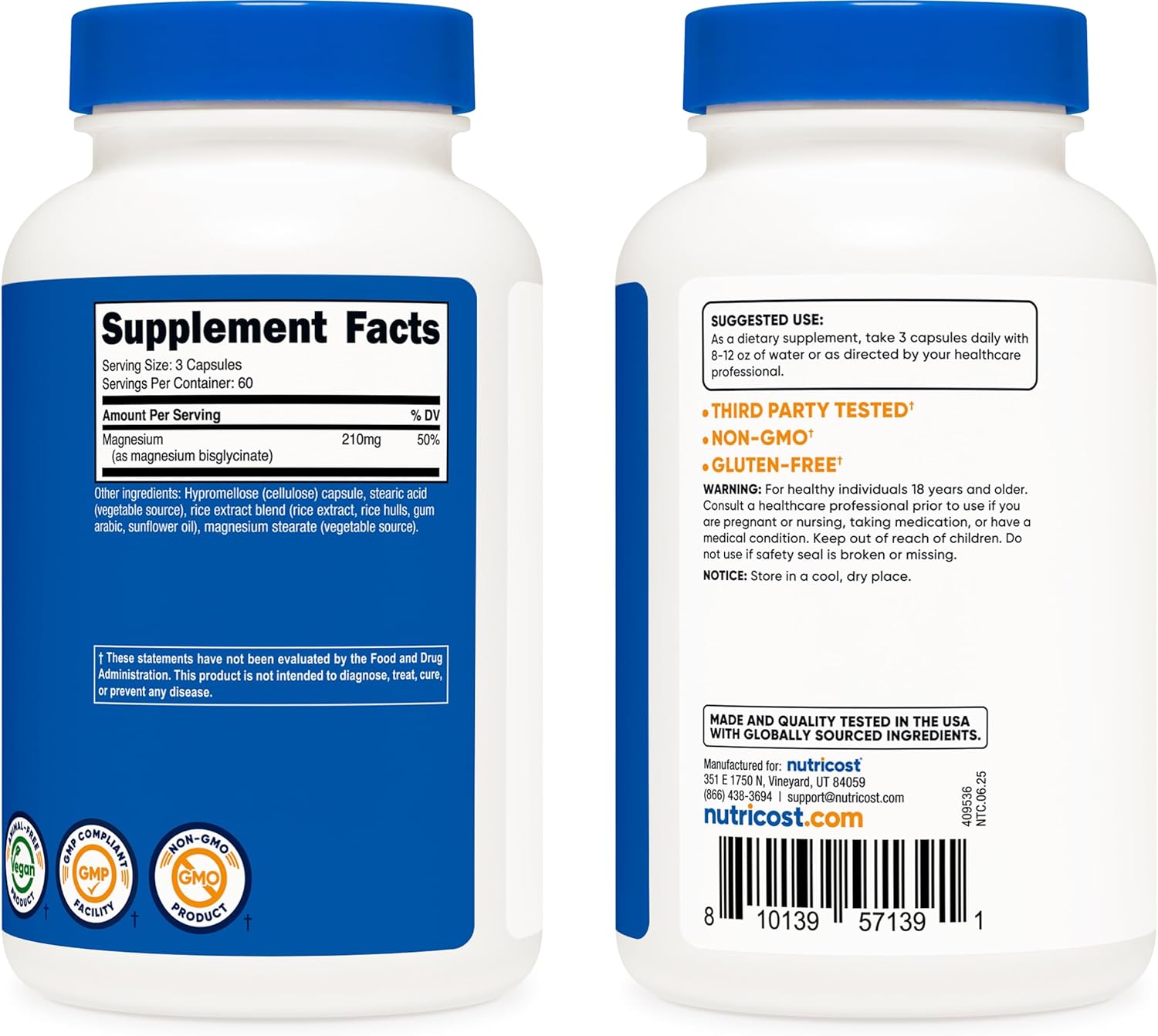 Nutricost Magnesium Glycinate Capsules (180 Capsules, 210 mg Per Serving) - Magnesium Glycinate Supplement for Gentle Absorption