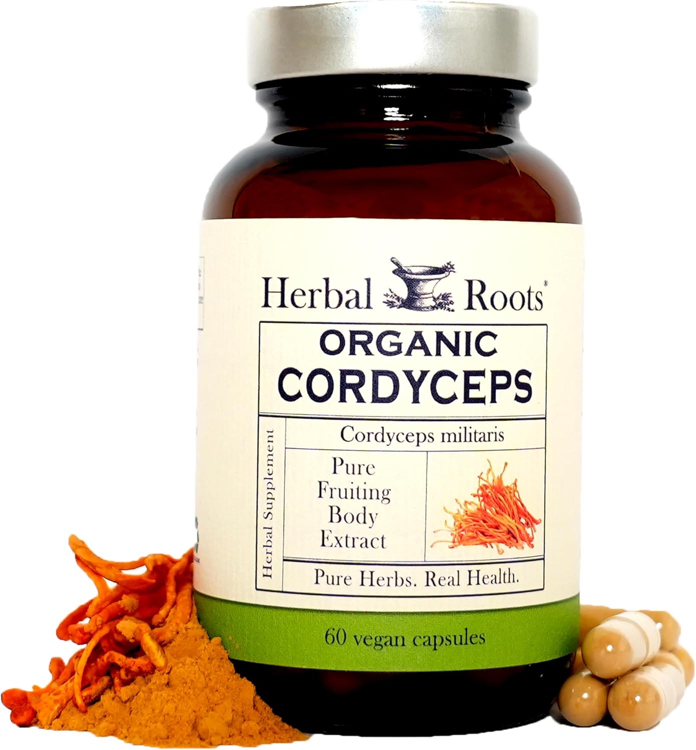 Herbal Roots Organic Cordyceps - Fruiting Body Extract Mushroom Capsules - Immune & Energy Support - 60 Vegan Capsules