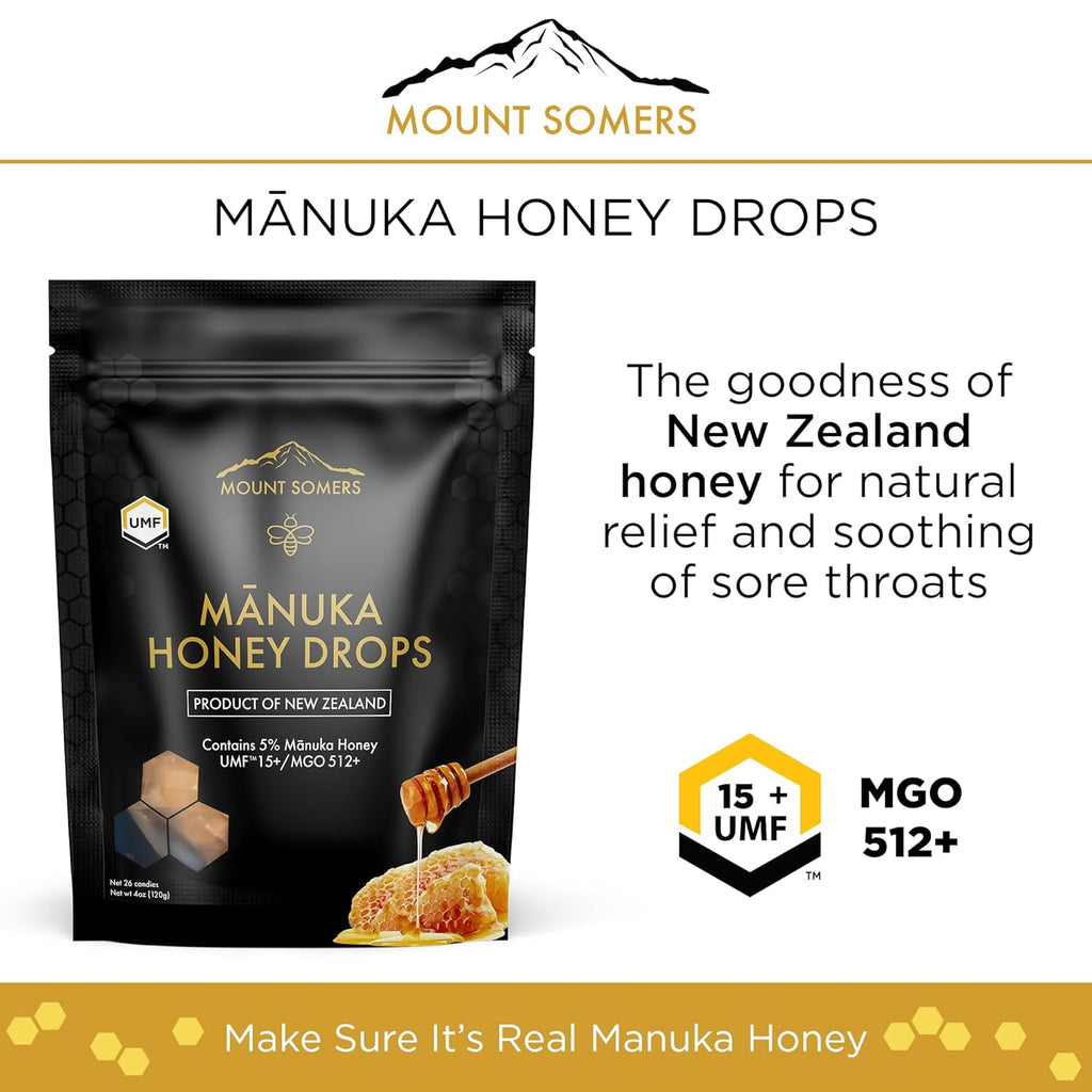 Mount Somers UMF 15+ Manuka Honey Drops - 26pcs Soothing Throat Lozenges from New Zealand, Natural Relief for Sore Throats