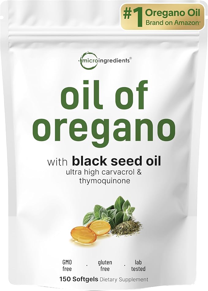 Micro Ingredients Oil of Oregano Softgels, 150 Count | 2 in 1 Formulated with Black Seed Oil | 4X Strength Carvacrol & Thymoquinone | Plant Based, Non-GMO