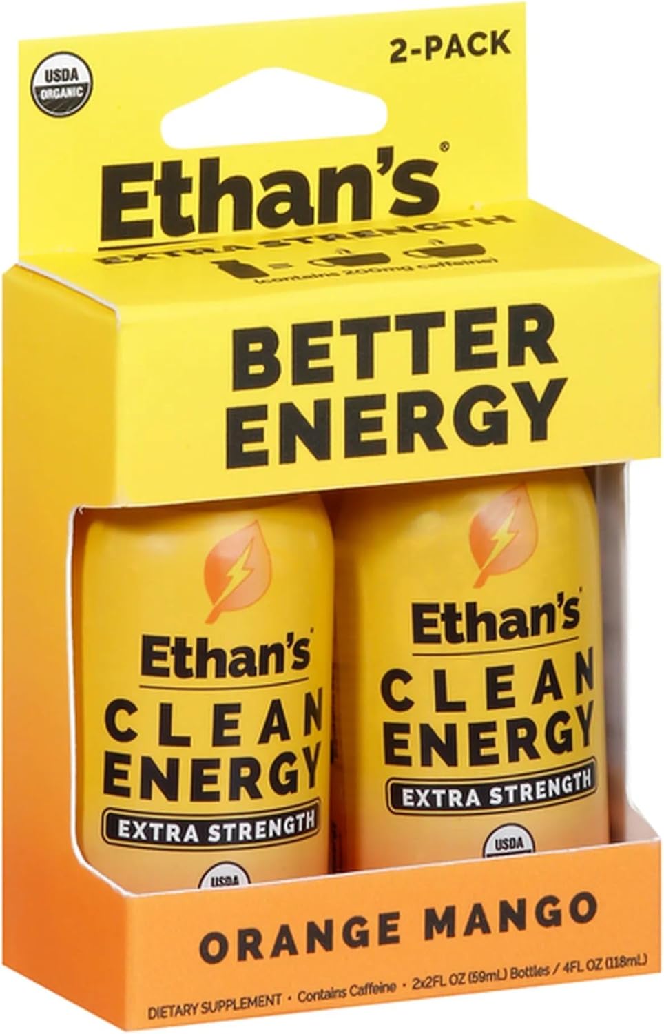 Ethan's Organic Clean Energy Shots Orange Mango, Sugar Free Natural Pre-Workout Focus Boost, Gluten Free, Vegan, B6 & B12 Vitamin C with Green Tea Extract and Guayusa (2 Pack of 2oz Shots)