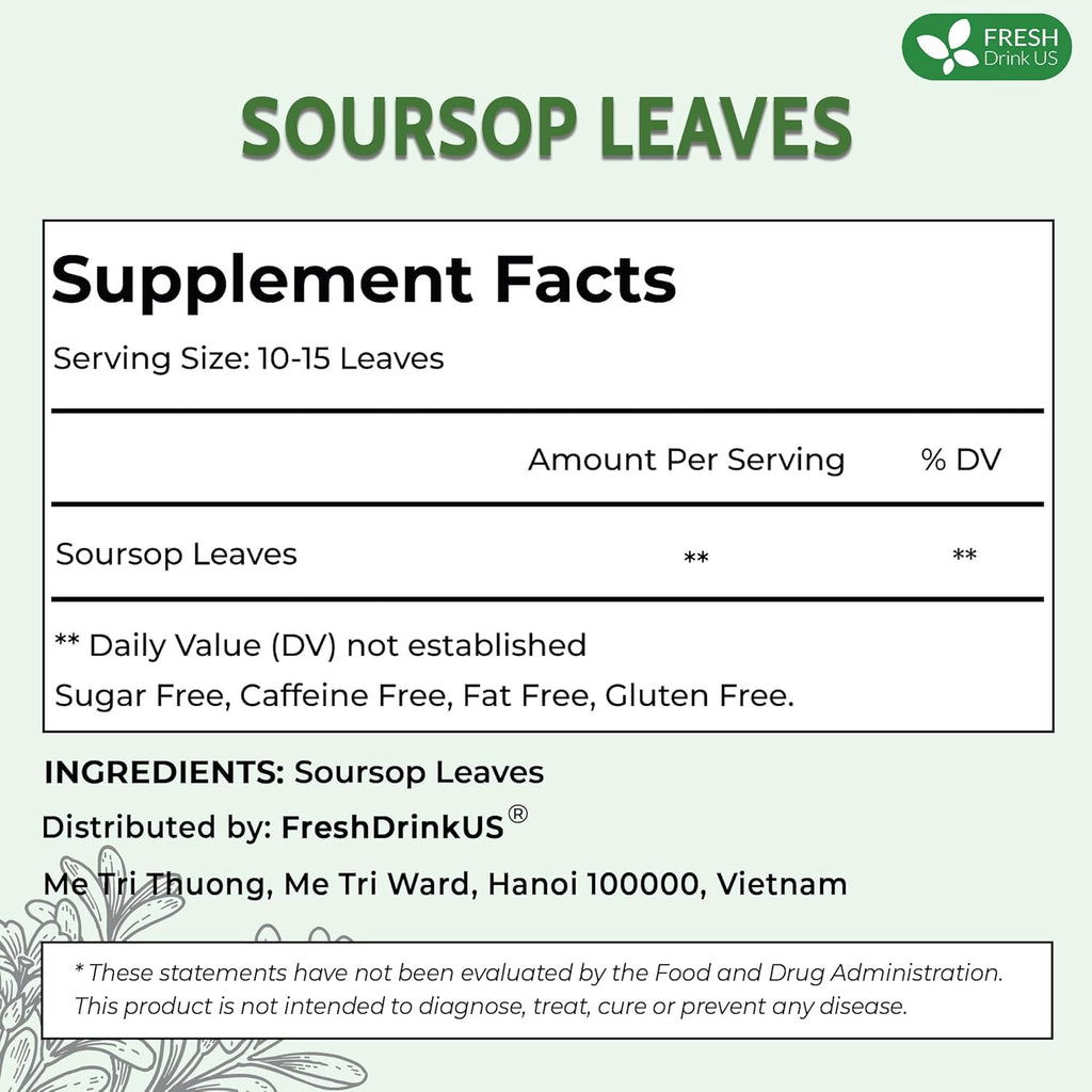 FreshDrinkUS, 240+ Premium Soursop Graviola Dried Leaves Tea, 230-250 Whole Soursop Leaves, Wildcrafted, Graviola , Guanabana , Hoja Guanabana, Loose Leaf Herbal , No Gluten, Vegan