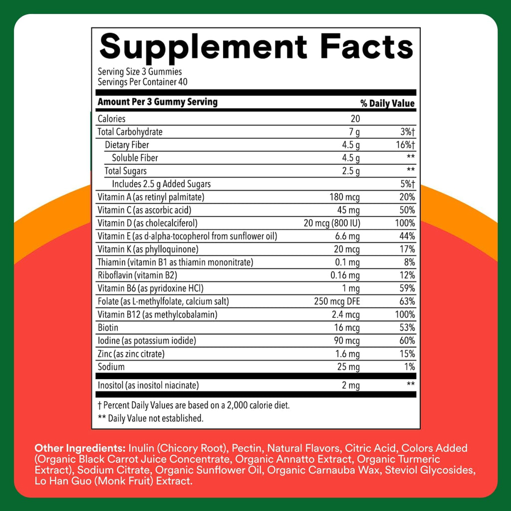 SmartyPants Kids Multivitamin & Fiber Gummies: Prebiotic Fiber to Support Kids Digestion with Vitamin D3, C, Vitamin B12, B6, A, Zinc, Biotin, Folate, Three Fruit Flavors, 120 Count (40 Day Supply)