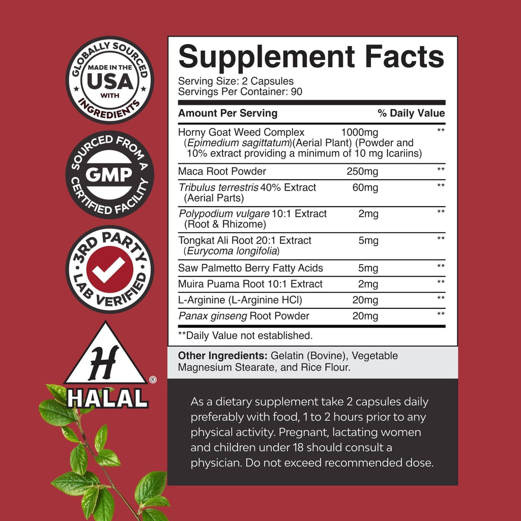 Bundle of Horny Goat Weed for Male Enhancement for Stamina & Energy and Black Maca Root Capsules for Men - Herbal Enhancement Supplement for Men