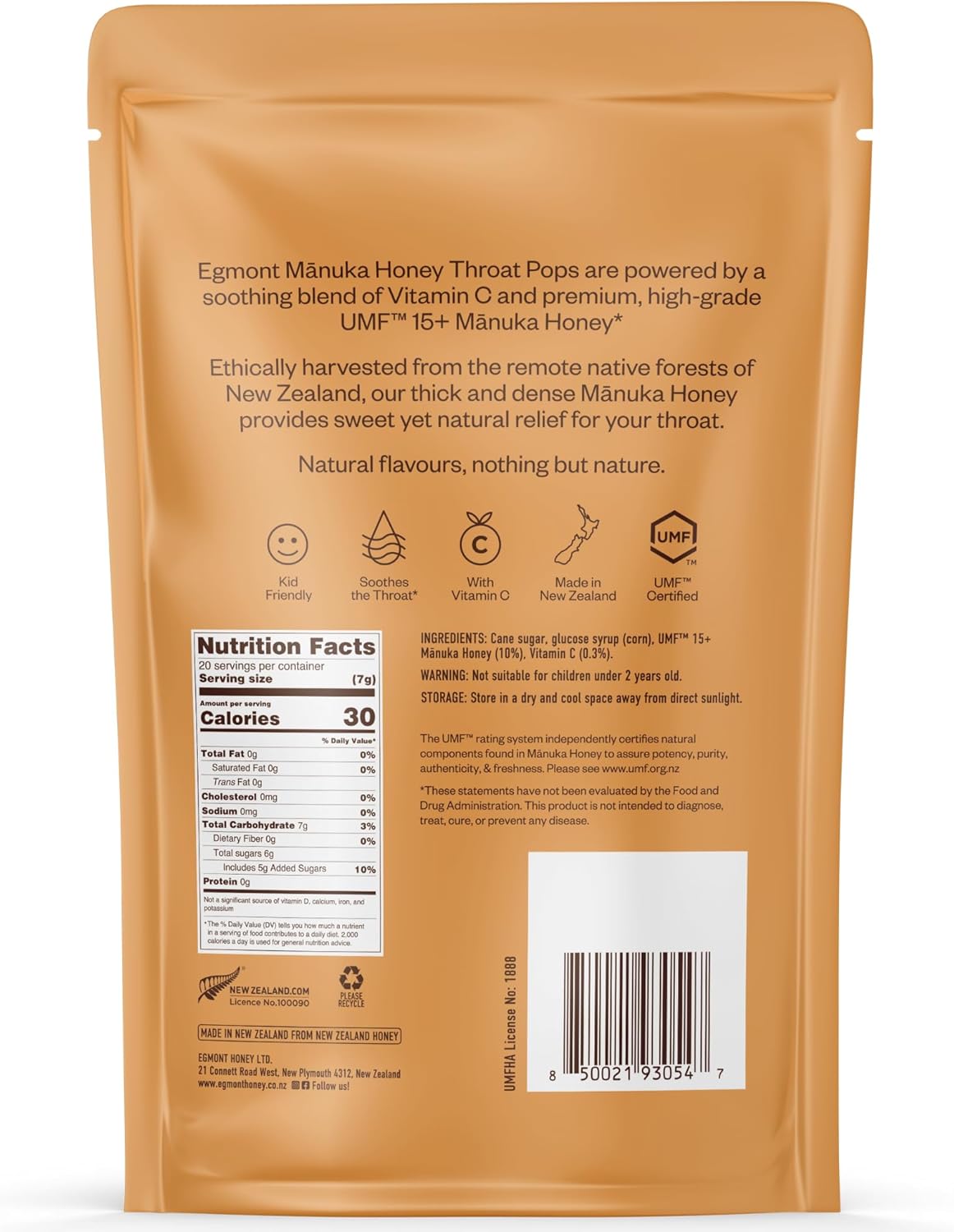 Egmont Honey Manuka Honey Throat Pops 20 Count | UMF 15+ New Zealand Honey with Vitamin C | Natural Soothing Lollipops for Kids & Adults