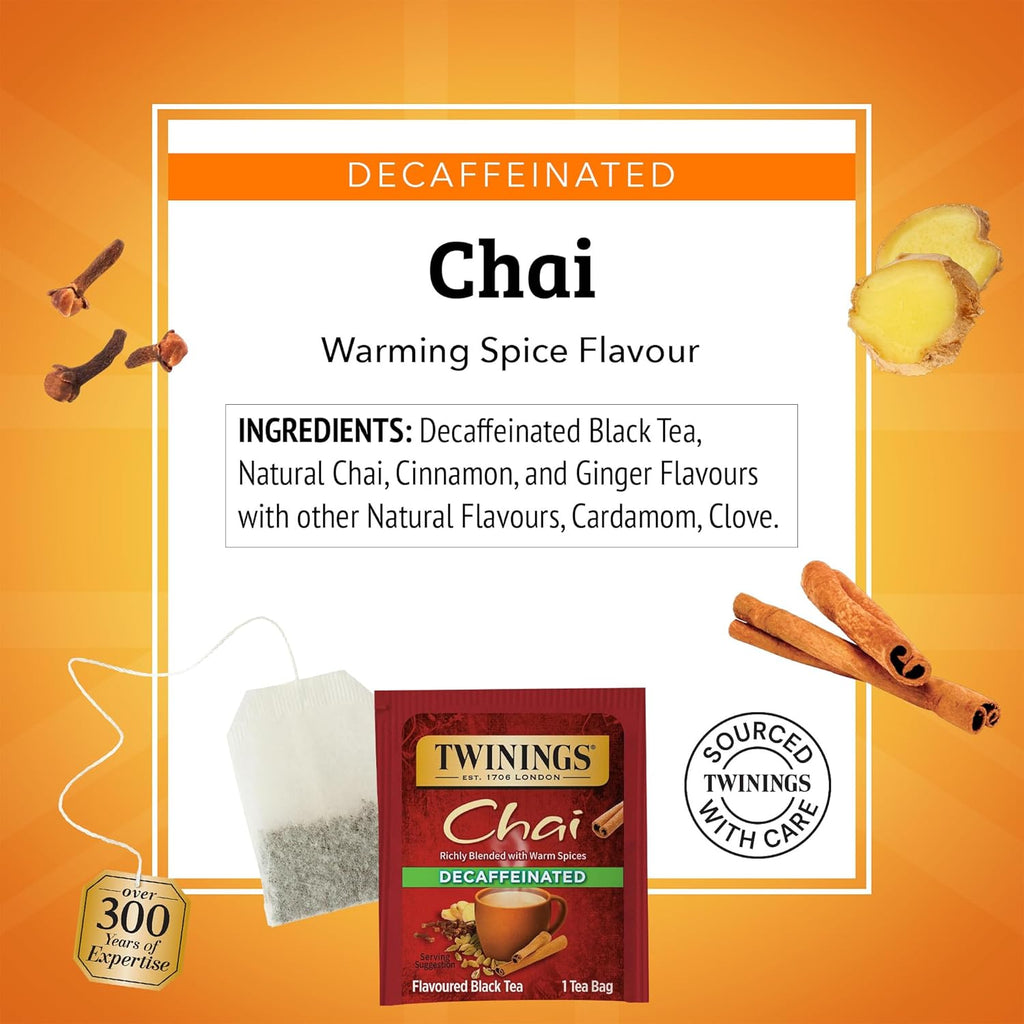 Twinings Decaffeinated Chai Individually Wrapped Bags, 20 Count (Pack of 1), Sweet, Savoury Spices, Enjoy Hot or Iced, 20 Teabags
