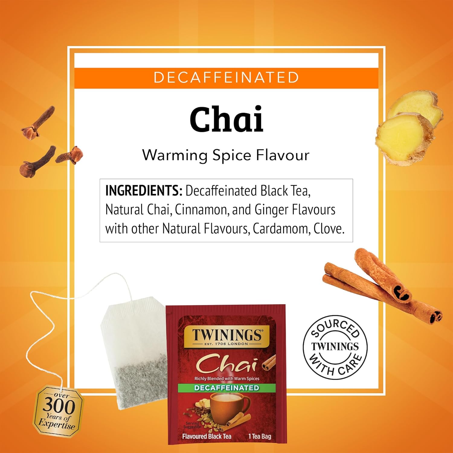 Twinings Decaffeinated Chai Individually Wrapped Bags, 20 Count (Pack of 1), Sweet, Savoury Spices, Enjoy Hot or Iced, 20 Teabags