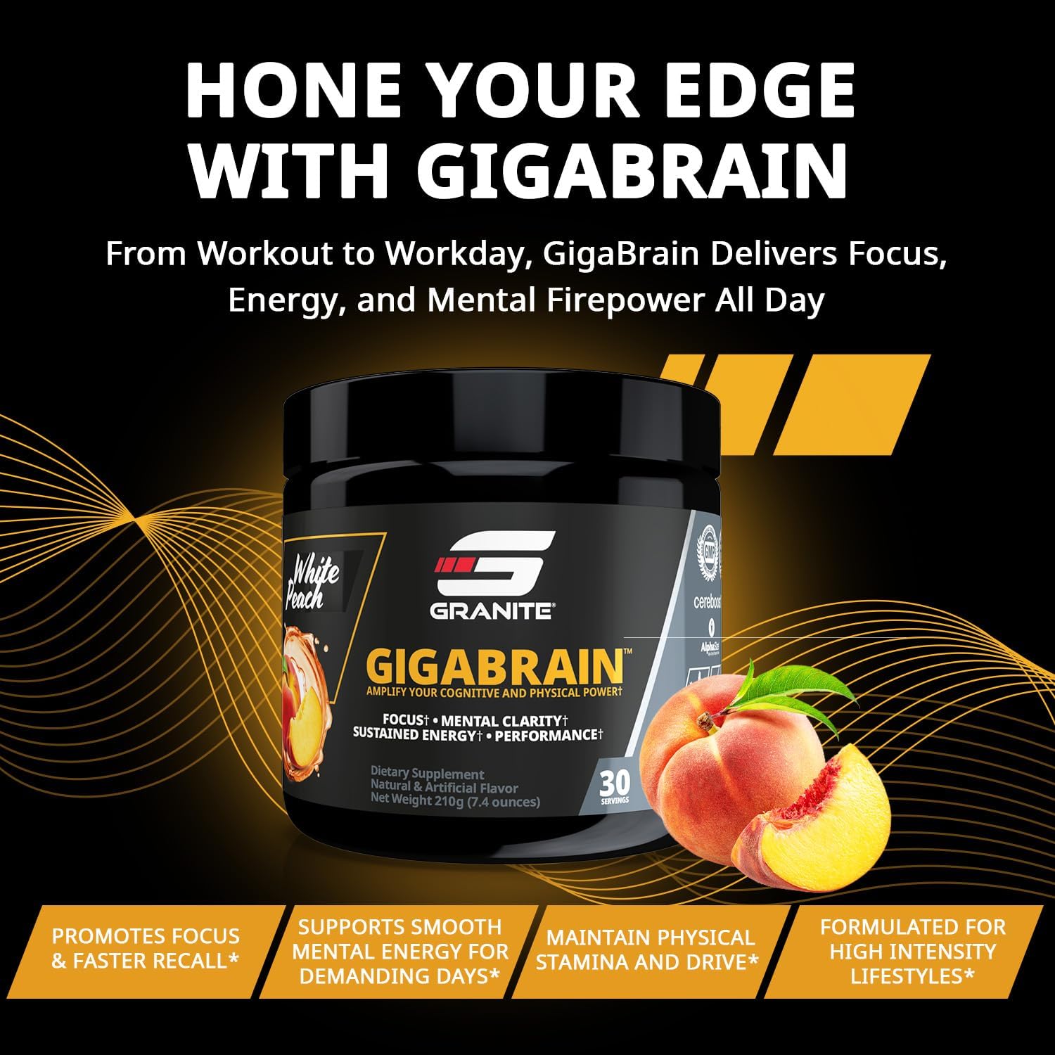 Granite Nutrition GigaBrain Nootropic Energy Powder – Cereboost, Alpha-GPC & ElevATP – Cognitive Focus Supplement for Sustained Energy & Performance – White Peach, 30 Servings