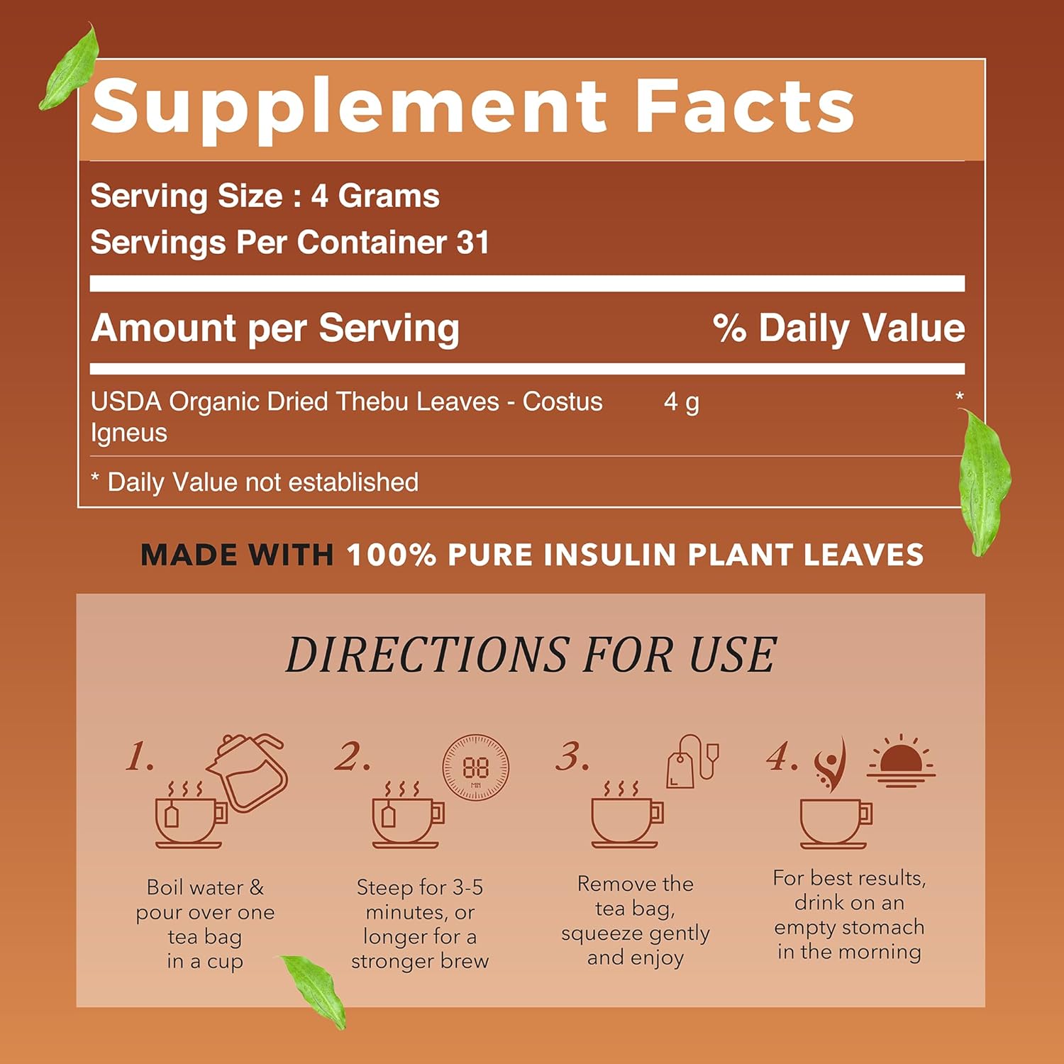 True Vine Insulin Plant Tea (USDA Organic) — Herbal Organic Tea Bags for Blood Sugar Support, Digestive Wellness & Metabolic Balance — 100% Natural, Caffeine-Free, No Additives – 31 Sachets (4g Each)