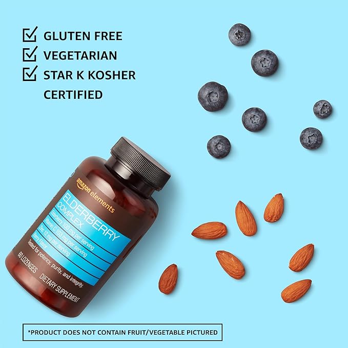 Amazon Elements Elderberry Complex Berry Flavored Immune System Support Lozenges, Adult, 60 Count, (Packaging May Vary) (Pack of 2)