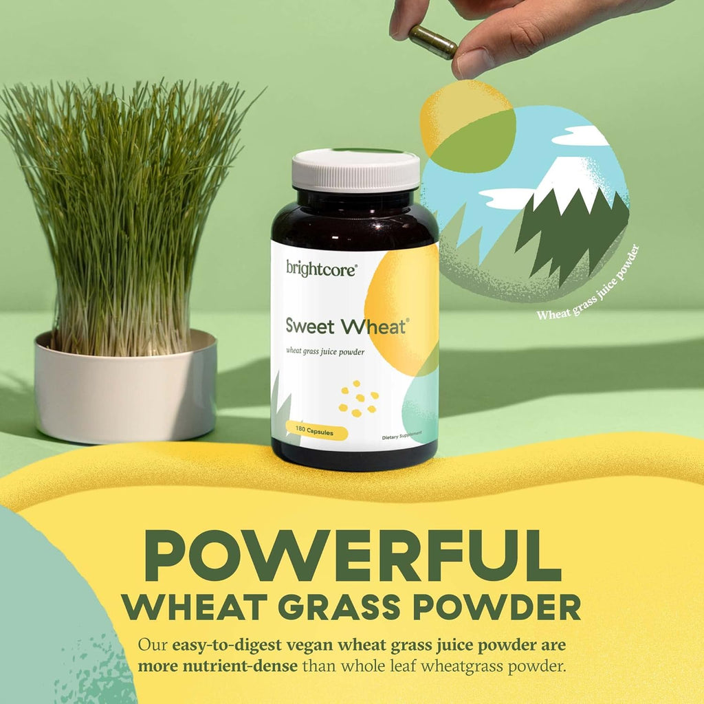 Brightcore Nutrition Sweet Wheat, Ready-to-Drink Athletic Greens, Super Greens with Digestive Enzymes for Digestive Health and Immune Boost, 180 Wheatgrass Juice Powder Capsules