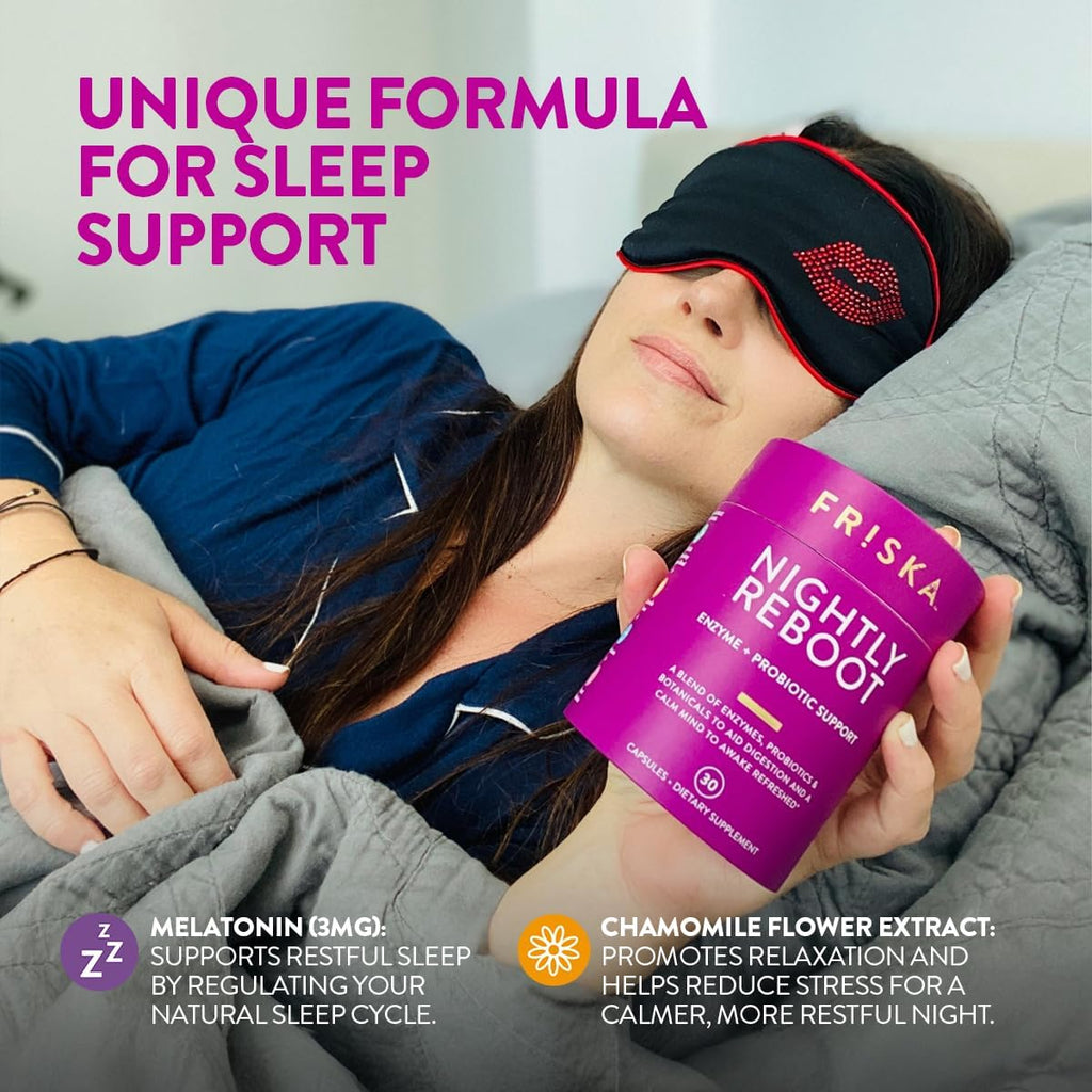 FRISKA Nightly Reboot Enzyme and Probiotics Supplement, Promotes Better Digestion and Sleep, Supports Gut Health for Men and Women, Melatonin, Chamomile, 30 Capsules
