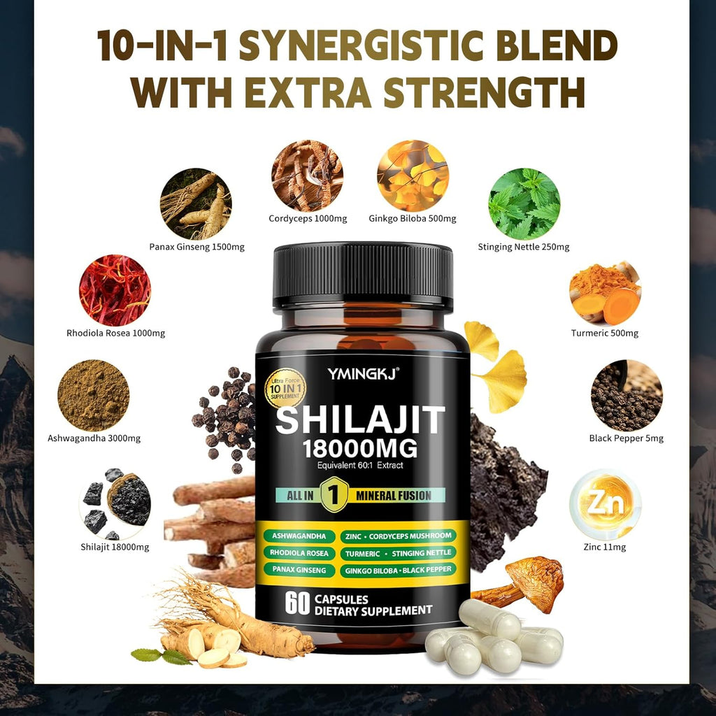 Shilajit Capsules 18000mg with Ashwagandha, Rhodiola Rosea, Panax Ginseng, Cordyceps, Turmeric, Ginkgo, Fulvic Acid Trace Minerals Supplement for Men & Women 60 Count Non-GMO Gluten-Free 2pack