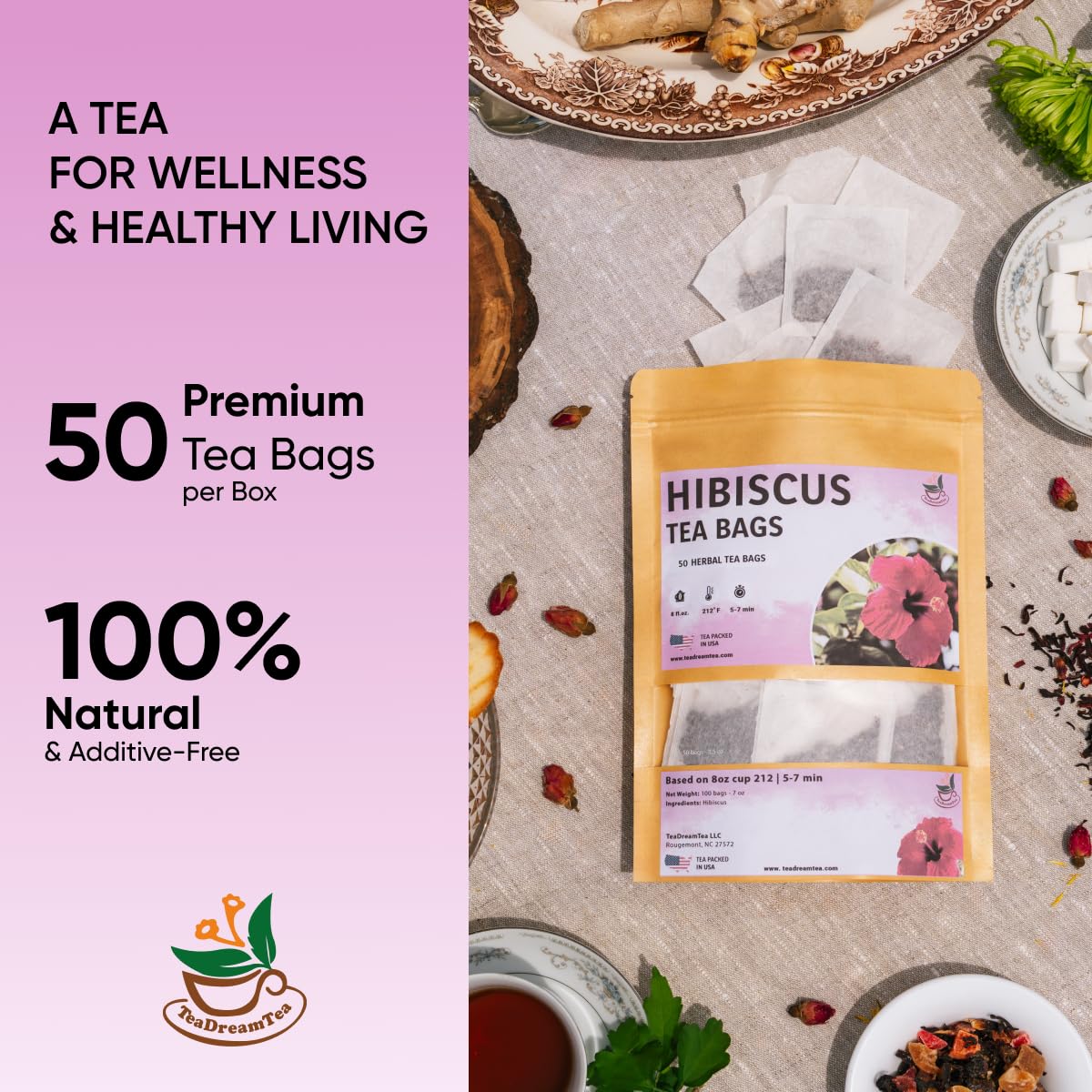 TeaDreamTea Hibiscus Tea Bags | 50 Bleach-Free Tea Bags | Caffeine Free | Dried Hibiscus Flowers | Hibiscus Flower Tea | Dried Flower Tea | Brew Hot or Iced |Herbal Hibiscus Tea