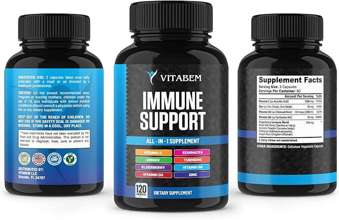 8 in 1 Immune Support Booster Supplement with Echinacea, Vitamin C and Zinc 50mg, Vitamin D 5000 IU, Turmeric Curcumin & Ginger, B6, Elderberry 120 Count (Pack of 1)