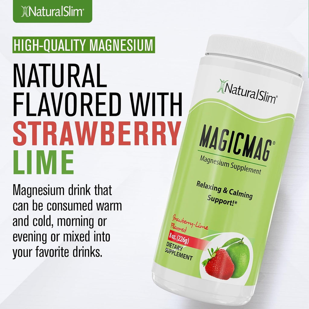 NaturalSlim Magicmag Pure Magnesium Citrate Powder – Stress, Constipation, Muscle, Heart Health, and Sleep Support | Natural Strawberry & Lime Flavored Magnesium Supplement - 8oz Drink Mix (Solo)