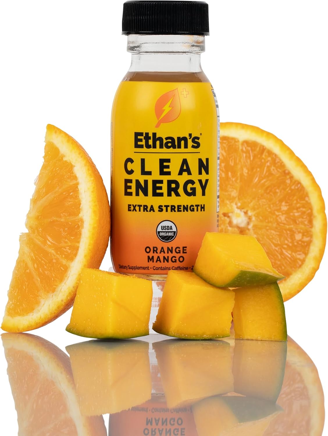 Ethan's Organic Clean Energy Shots Orange Mango, Sugar Free Natural Pre-Workout Focus Boost, Gluten Free, Vegan, B6 & B12 Vitamin C with Green Tea Extract and Guayusa (12 Pack of 2oz Shots)