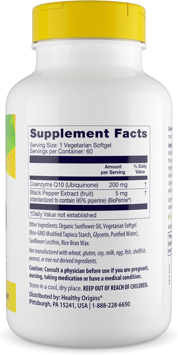 Healthy Origins Natural Enhanced CoQ10 (BioPerine®), 200 mg - Heart Health & Energy Supplement - Gluten-Free & Non-GMO Supplements, with BioPerine & Sunflower Lecithin ((Pack of 1) 60 Veggie Gels)