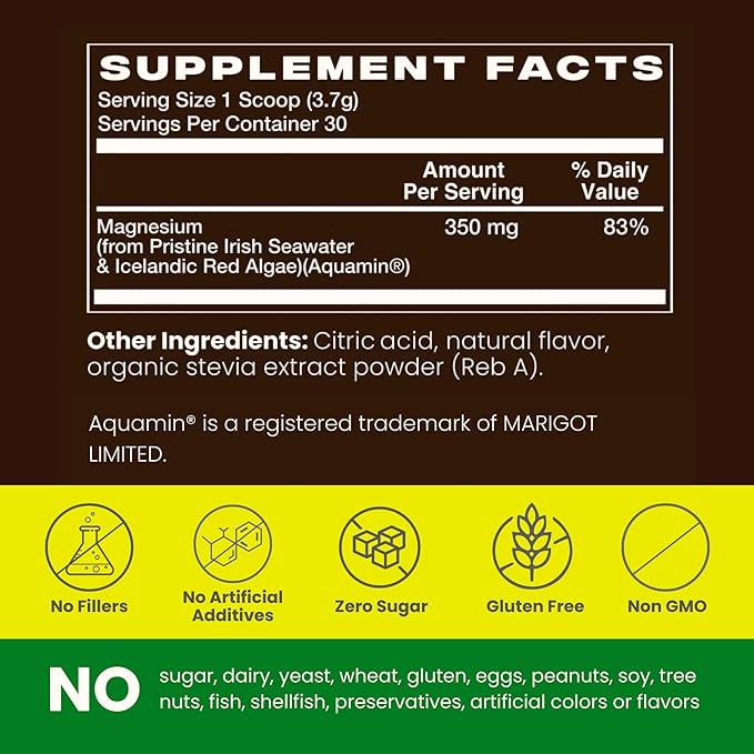 Whole Food Magnesium Powder (30 Servings) | from Ocean Sea Water & Icelandic Red Algae | Helps Sleep, Brain Function & Heart Health | Lemon Flavor