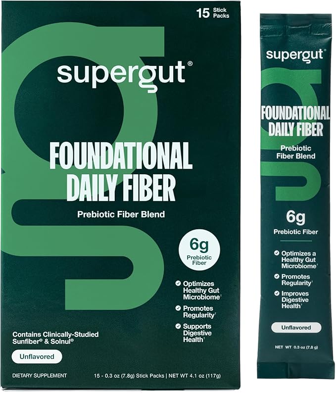Supergut Foundational Daily Fiber, Vegan & Sugar Free Prebiotic Powder Blend for Gut Health & Digestive Support, Plant Based Supplement for Men & Women with 6g of Fiber, Unflavored, 15 Stick Packs