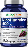 NusaPure Nicotinamide with Resveratrol (Vitamin B-3) 500 mg - 180 Vegetarian Caps (Non-GMO & Vegan)