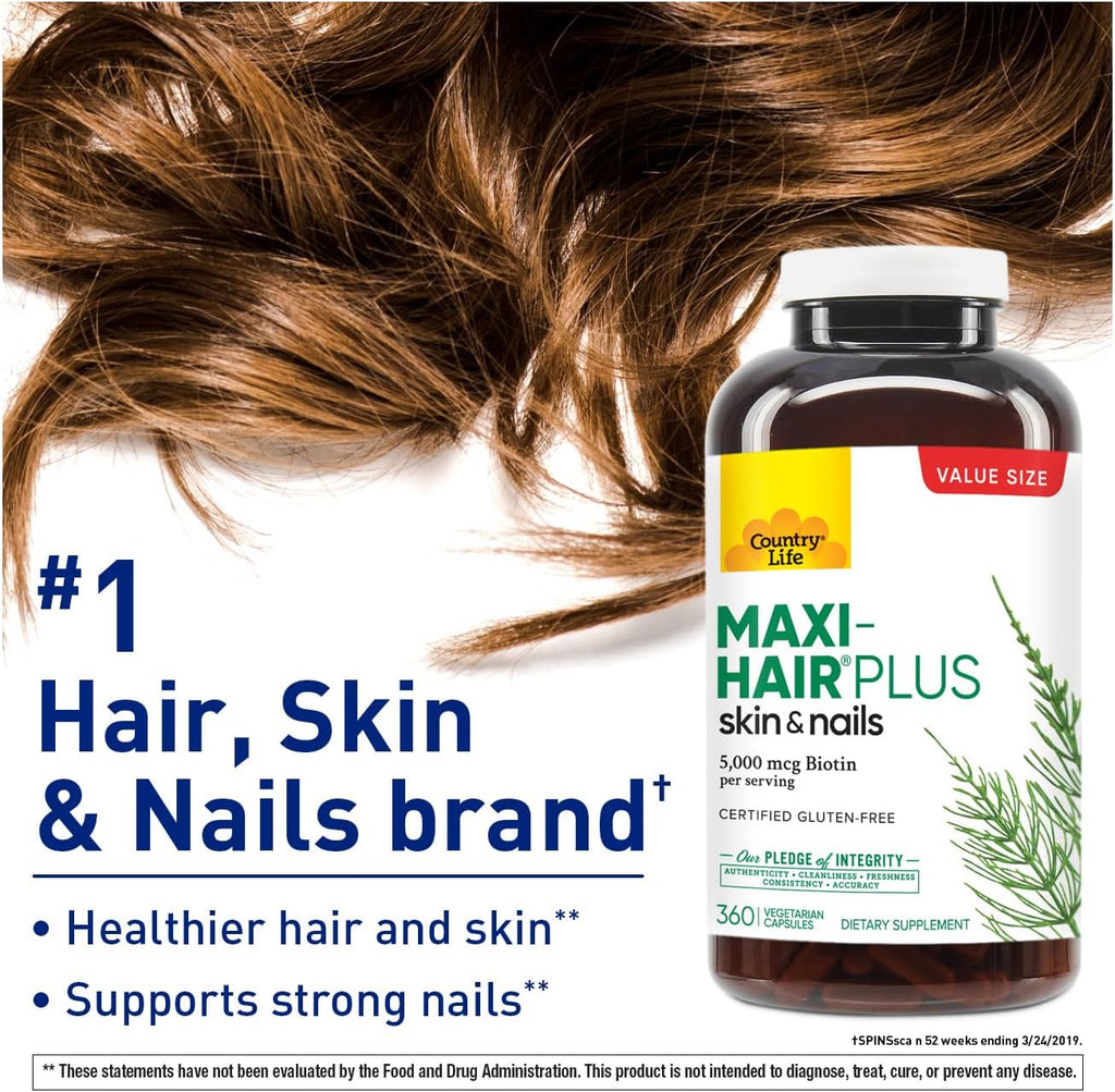 Country Life Maxi-Hair Plus 5000 mcg Biotin, 360 Capsules, Certified Gluten Free, Certified Vegetarian