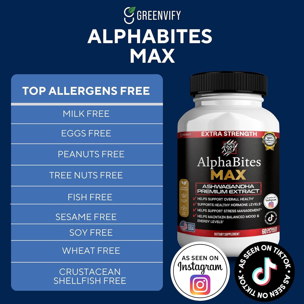 AlphaBites MAX Ashwagandha Extract, 60 Vegan Capsules, Gluten Free, Non-GMO (1)