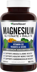 FarmHaven Magnesium Glycinate & Malate Complex w/Vitamin D3, 100% Chelated for Max Absorption, Vegetarian – Bone Health, Nerves, Muscles, 180 Capsules, 90 Days