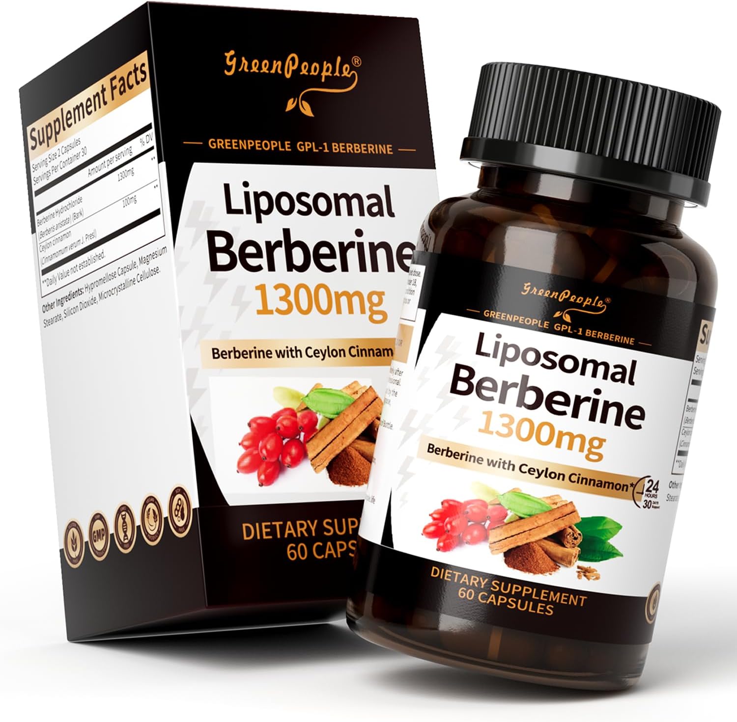 Liposomal Berberine HCL1300mg - Berberine Supplement with Ceylon Cinnamon Activates GLP-1 & AMPK - High Absorption Formula Healthy Weight Support – Non-GMO/Vegan – 30-Day