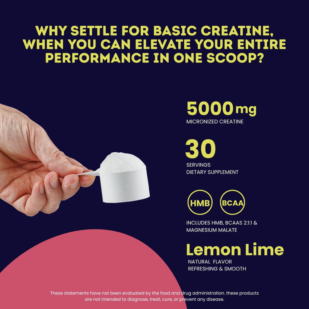Micronized Creatine Powder with BCAAs + HMB for Muscle Growth, Strength & Recovery | Lemon Lime Flavor | 30 Servings