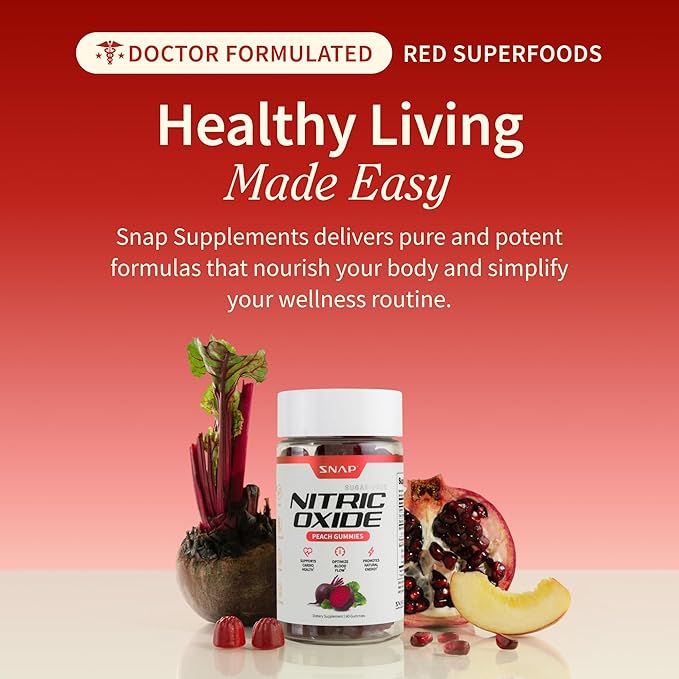 Snap Supplements Nitric Oxide Beet Root Gummies Supplement with Organic Beets - Energy & Circulation Support, 60 Sugar-Free Gummies (30 Servings, 1 Month Supply), Peach