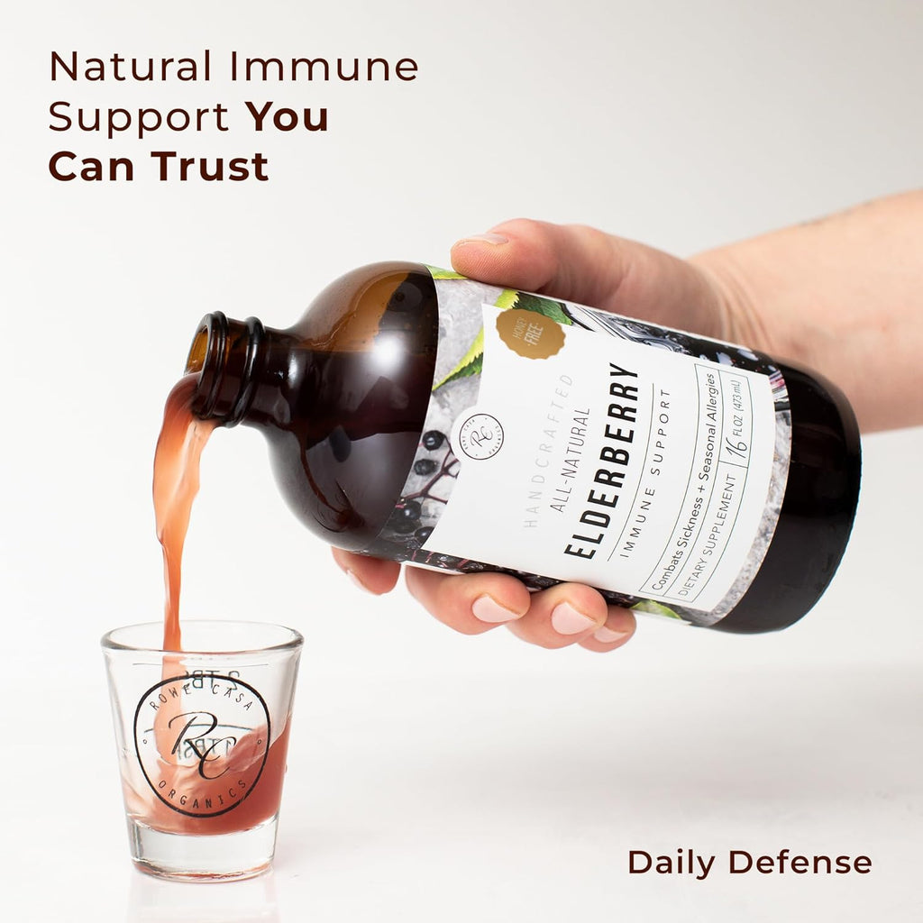 Rowe Casa Organics Honey-Free Elderberry Immune Support with Antioxidants, Zinc and Vitamin C – Kids and Adults Organic Elderberry Syrup for Immune Support, 16 Fl Oz