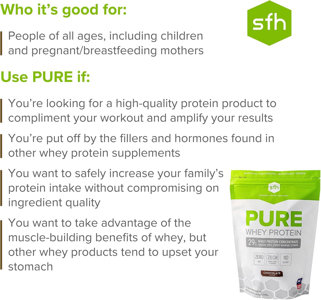 SFH Pure Whey Protein Powder (Chocolate) Best Tasting Grass Fed Whey | All Natural | Non-GMO, No Artificials, Soy Free, Gluten Free | (Chocolate, 31.6 Ounce (Pack of 1)